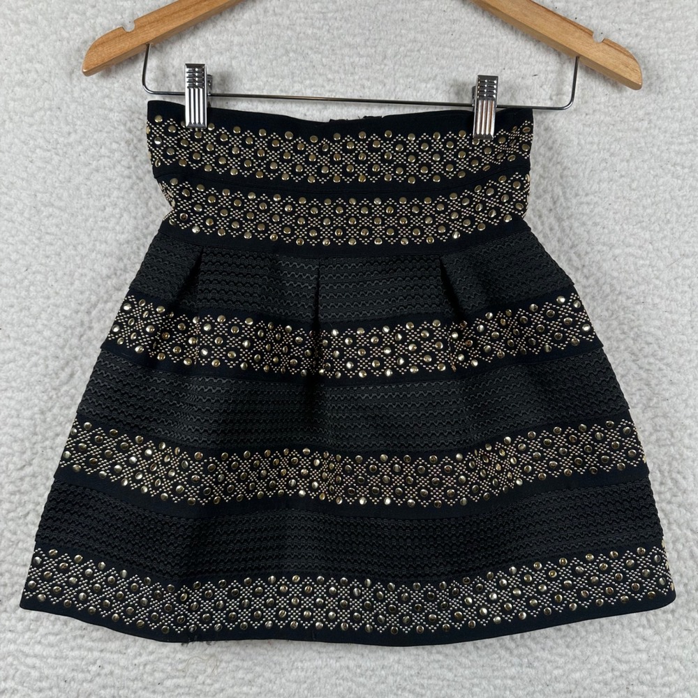 CHOIES Studded Mini Black Skirt Edgy Gold Stud Flare S Glam Punk Holiday Party